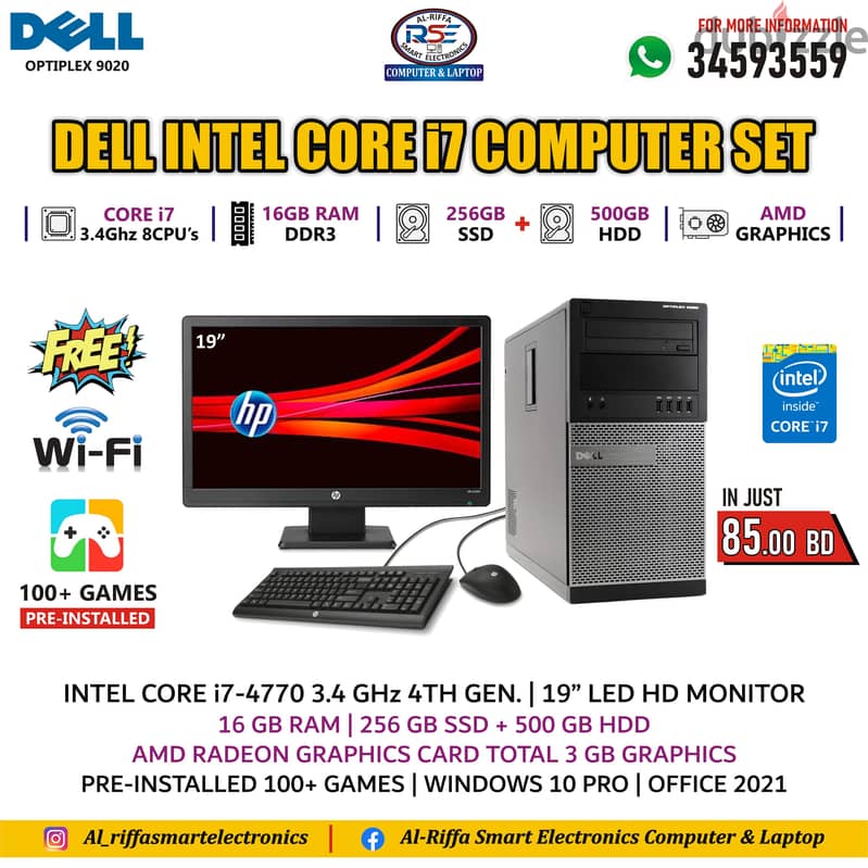 DELL i7 Computer Set 16GB RAM (FREE WIFI+AMD Graphics) 256GB SSD+500GB 0