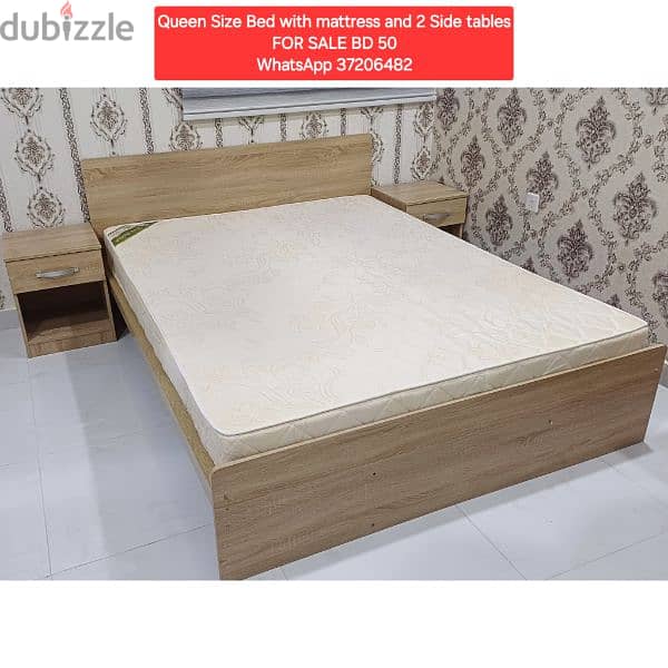 Queen size bed+mattress with 2 side tables and other items for sale 0