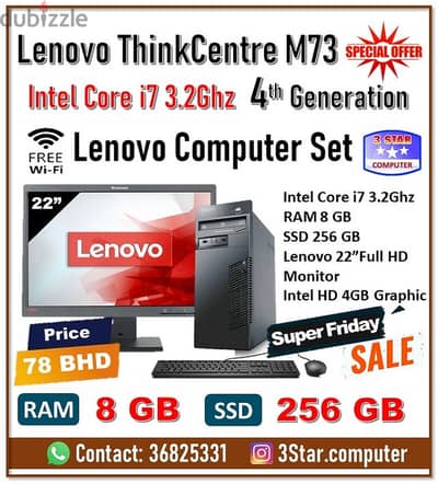 Lenovo Core i7 3.2Ghz Computer Set 22"Monitor RAM 8GB SSD 256GB