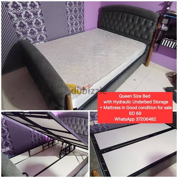 Queen size hydraulic bed with mattress and other items for sale 0