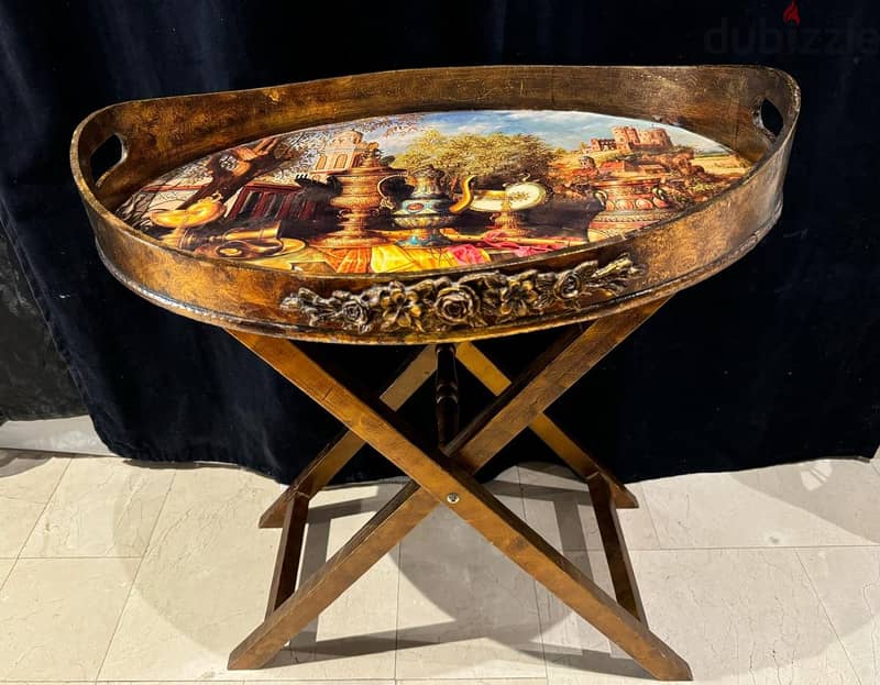 Antique-Style Oval Tray Table with Foldable Base 0