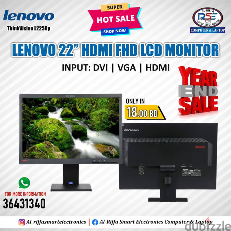 Special Offer LENOVO ThinkVision 22" Wide Monitor Input HDMI /DVI /VGA 0