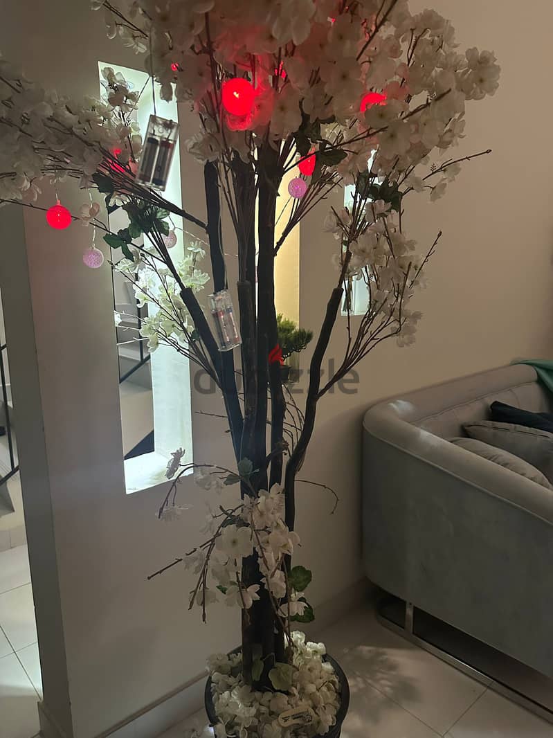 White Flower Artificial Tree with red lights 0