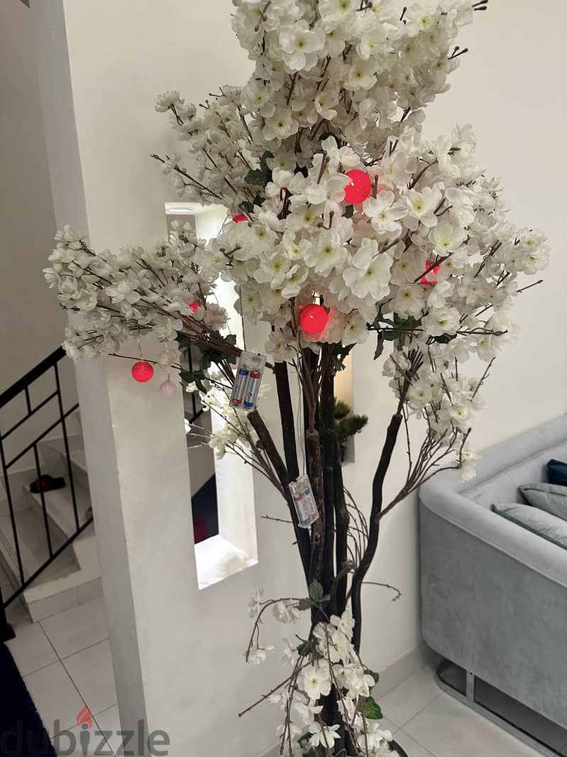 White Flower Artificial Tree with red lights 4