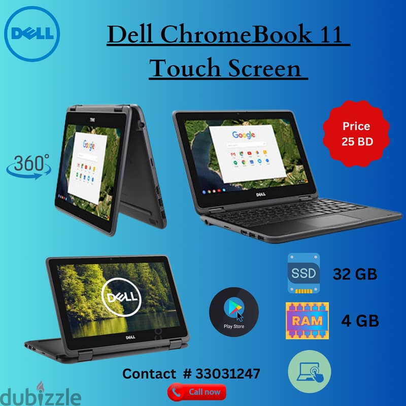 360 Touch Screen Dell Chromebook | 32GB Storage | 4GB RAM, Play Store 0