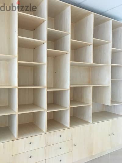 beige wood shelves and cupboards for shop