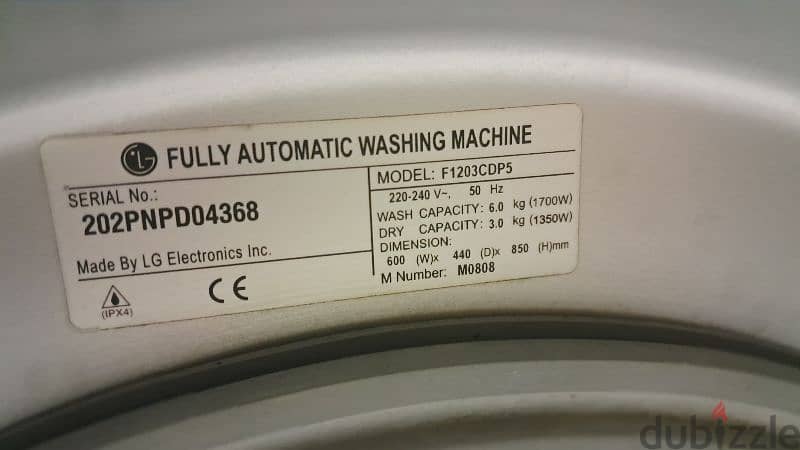 LG 6/3 wash+ Dryer fully outomatic 6