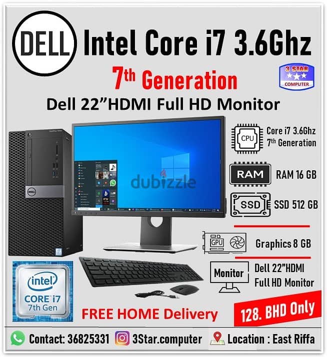 Dell Core i7 7th Gen Dell 22"Monitor 16GB RAM 512GB SSD Computer Set 2