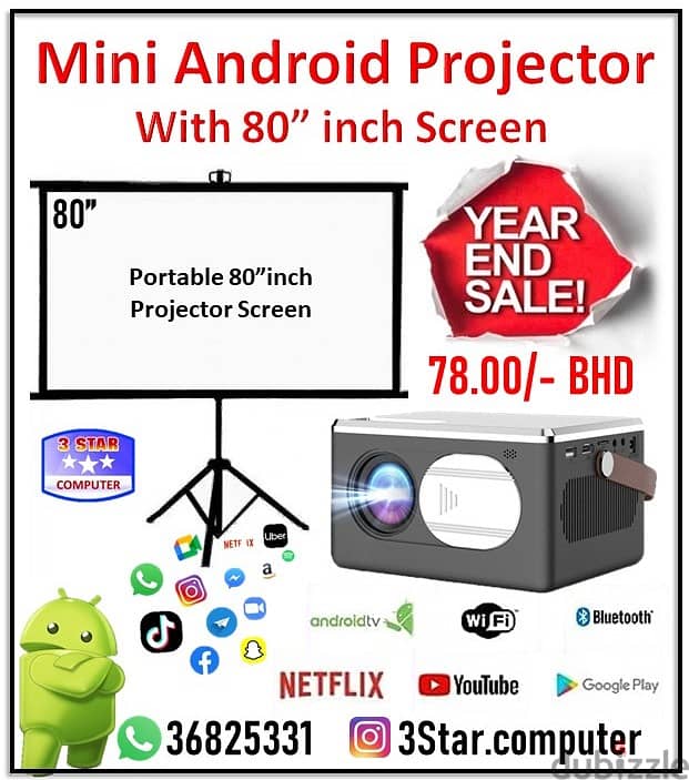 Year End Sale Offer Portable Android Projector & 80" Portable Screen 0