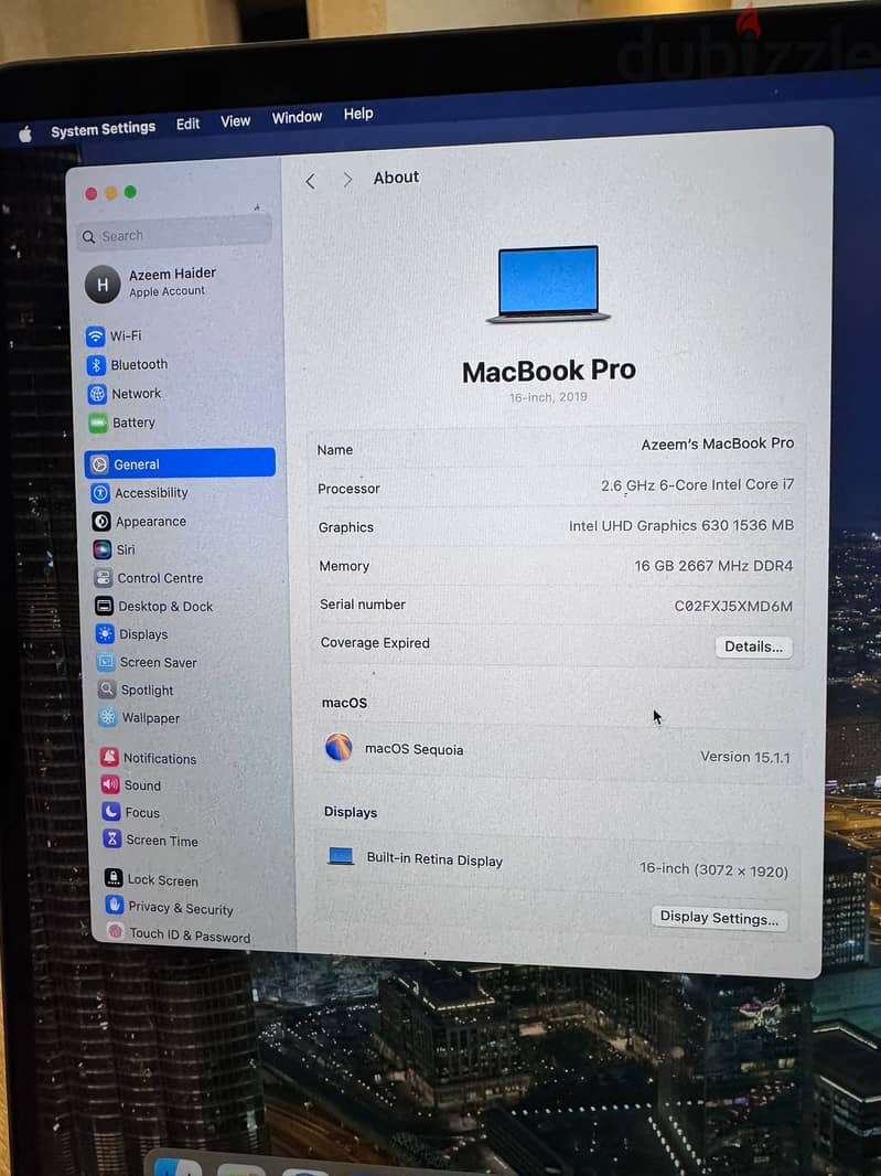 macbook pro 16 inch, 2019, core i7, 16gb,500gb 1