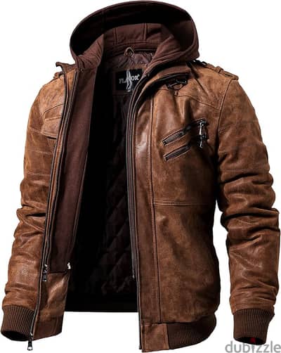 Brown Leather Motorcycle Jacket for Men with Removable Hood