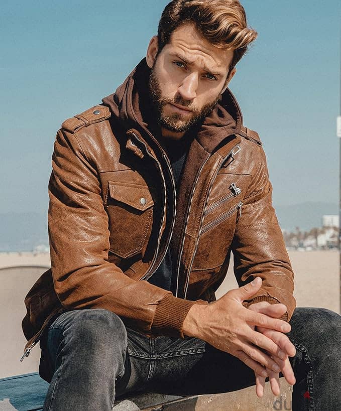 Brown Leather Motorcycle Jacket for Men with Removable Hood 3