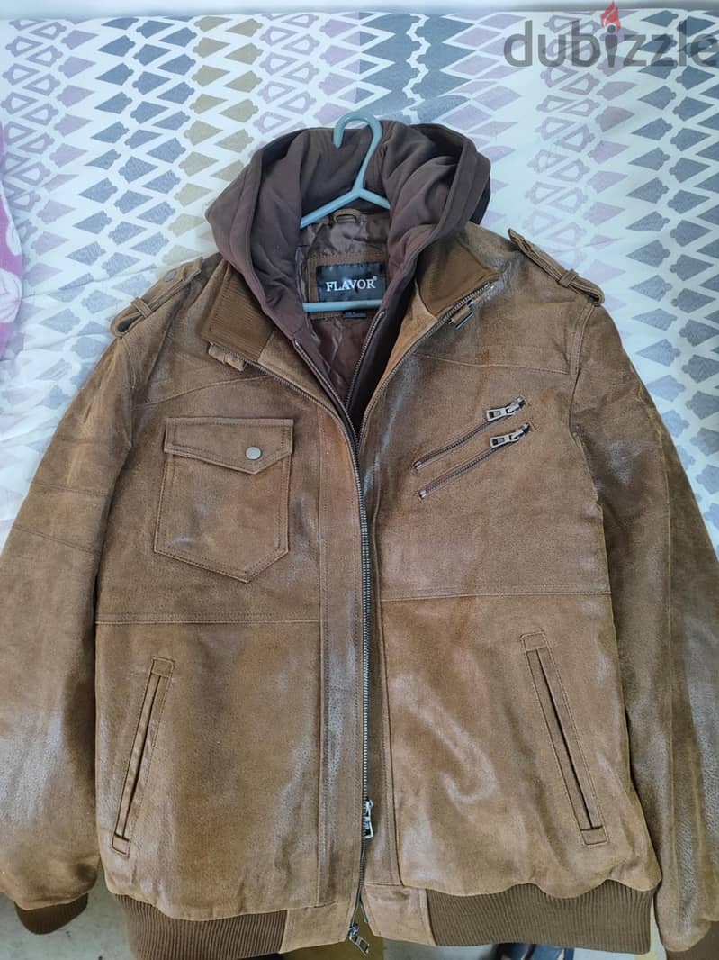 Brown Leather Motorcycle Jacket for Men with Removable Hood 4