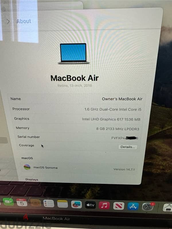 Macbook Air -3.3in (2018) 8gb 256gb Sonoma OS 1