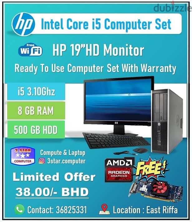 HP Core i5 3.10Ghz Computer Set 8GB RAM 500GB HDD Drive 19"HD Monitor 0