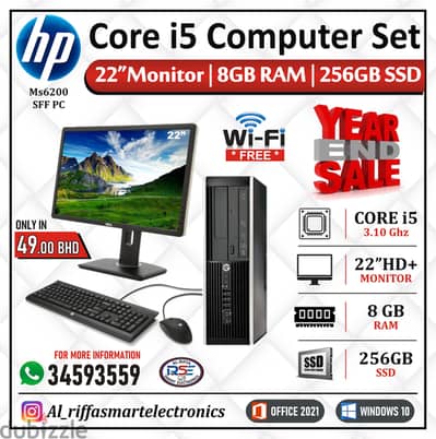 HP Core i5 WIFI Computer Set 22" Monitor AMD Graphic 8GB Ram 256GB SSD