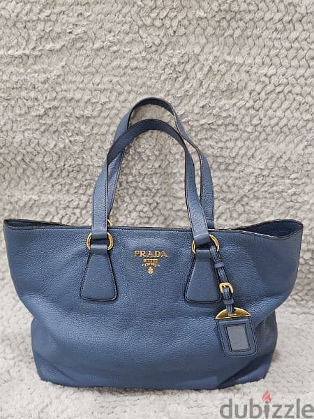 Prada Shoulder Bag in Blue Vitello Daino Leather and Gold hardware. 0