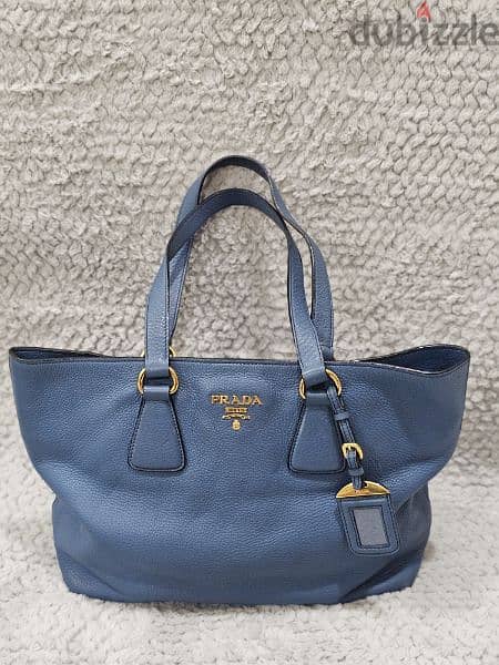 Prada Shoulder Bag in Blue Vitello Daino Leather and Gold hardware. 1