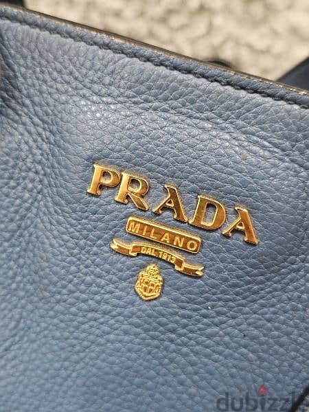 Prada Shoulder Bag in Blue Vitello Daino Leather and Gold hardware. 9