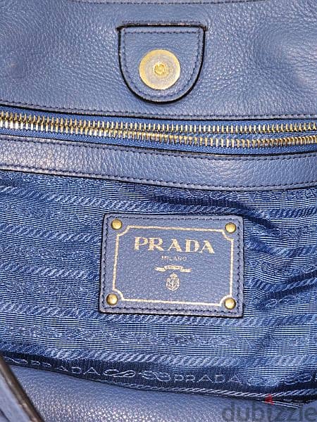 Prada Shoulder Bag in Blue Vitello Daino Leather and Gold hardware. 10