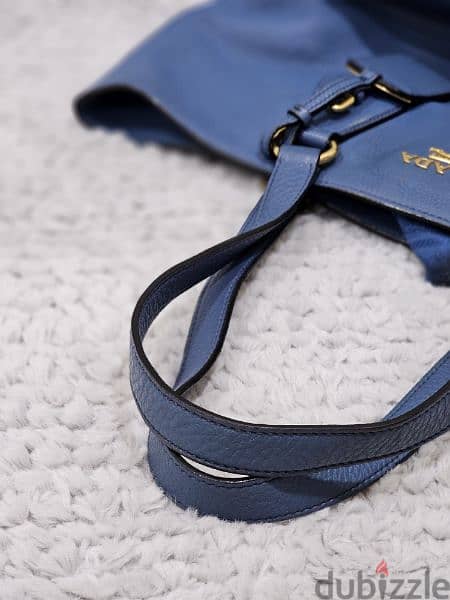 Prada Shoulder Bag in Blue Vitello Daino Leather and Gold hardware. 13