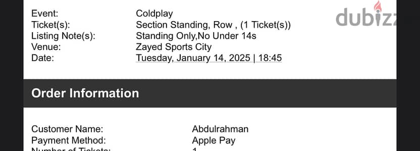 1 Standing Ticket to Coldplay Abu Dhabi - Jan 14th