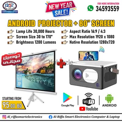 New Smart Multimedia WIFI Projector+84" Projector Screen FREE Delivery