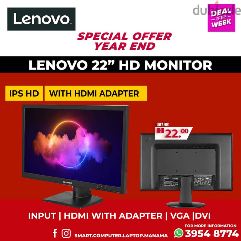 LENOVO 22" LED HD Monitor Ports - HDMI Adapter - VGA - DVI- 39548774 0