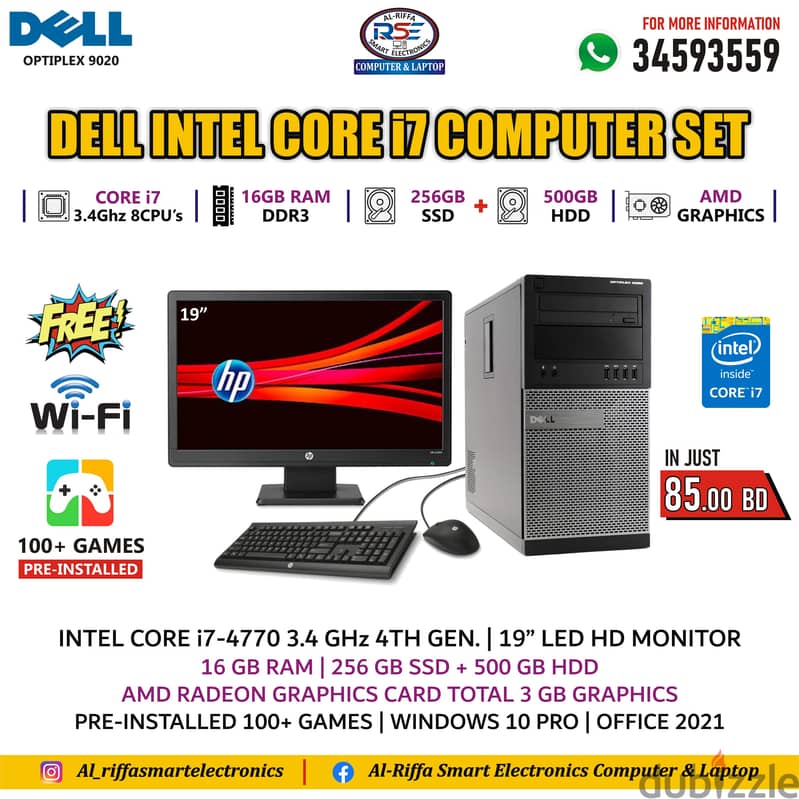 DELL i7 Computer Set 16GB RAM FREE WIFI+AMD Graphics Card 256GB SSD 0