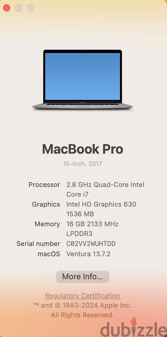 Mac Book Pro 15 inch 2017 Model, 16 GB ram, 512 GB Harddisk. Excellen 5