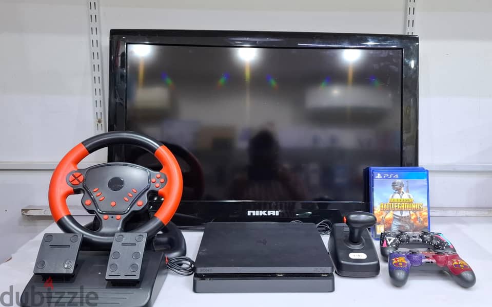 PS4 Slim + 2 Wireless Controller & Gaming Racing Wheel (FREE 32" LCD) 0