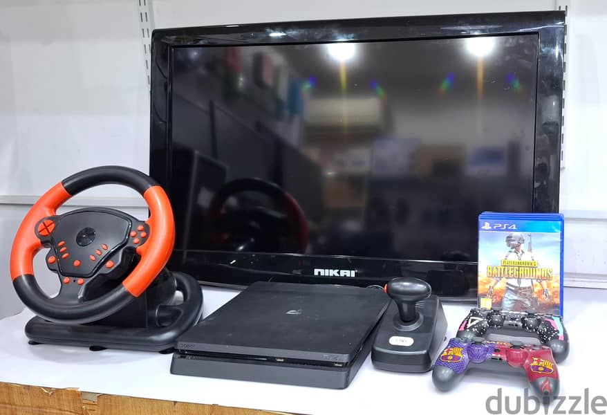 PS4 Slim + 2 Wireless Controller & Gaming Racing Wheel (FREE 32" LCD) 1