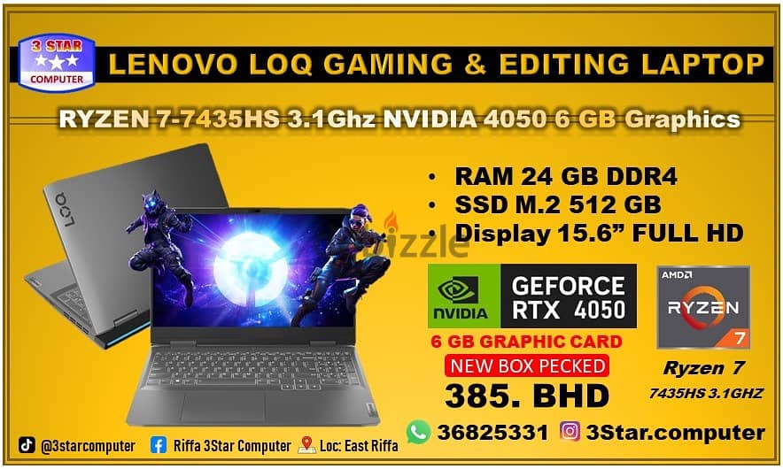 NEW GAMING LAPTOP LENOVO RYZEN 7-7435HS 15.6"FHD 144Hz RTX 4050 0