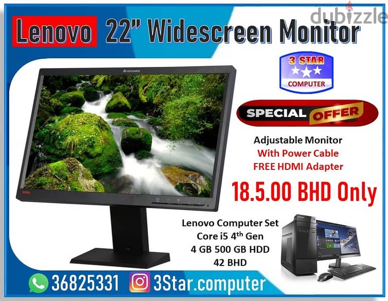 Lenovo 22" Widescreen Monitor Good Working With HDMI Adapter 18.5 BD 0