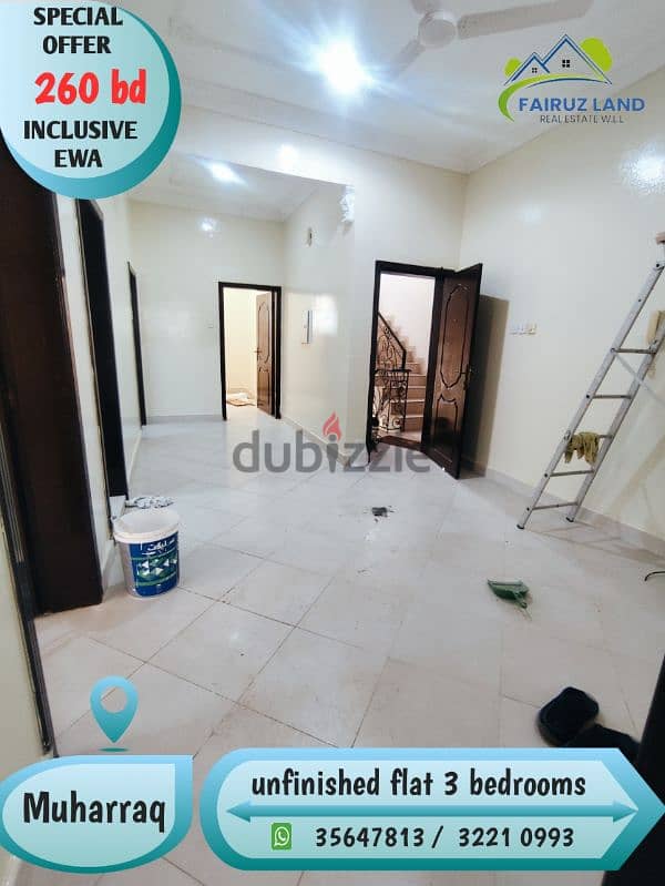 Big flat for rent 3 bedrooms @ muharraq 260 bd including ewa unlimited 0