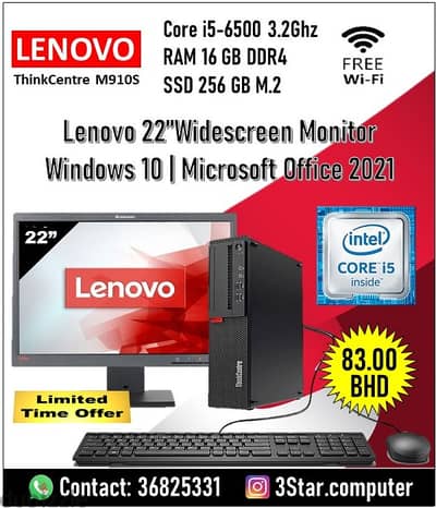 Lenovo Core i5 6th Gen Computer Set 16GB RAM 22"Monitor 256 GB SSD M. 2