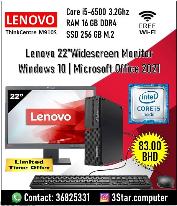 Lenovo Core i5 6th Gen Computer Set 16GB RAM 22"Monitor 256 GB SSD M. 2 0