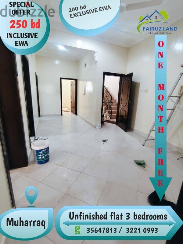 ONE MONTH FREE flat 4 rent 3 bedrooms @ muharraq 250  including ewa 0