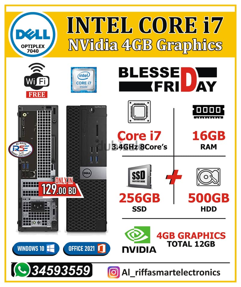 DELL Graphics Core i7 Computer NVidia 4GB Card 16GB RAM 256GB+500GB HD 0