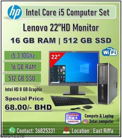 HP Core i5 Computer Set 16GB RAM 512GB SSD 22"Monitor FREE Wi-Fi 68. BD