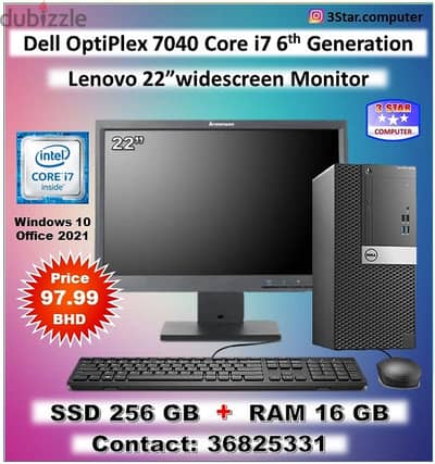 Dell Core i7 3.4Ghz Computer Set 16GB RAM 22"Monitor 256GB M. 2 SSD