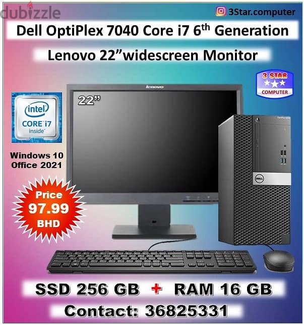 Dell Core i7 3.4Ghz Computer Set 16GB RAM 22"Monitor 256GB M. 2 SSD 0