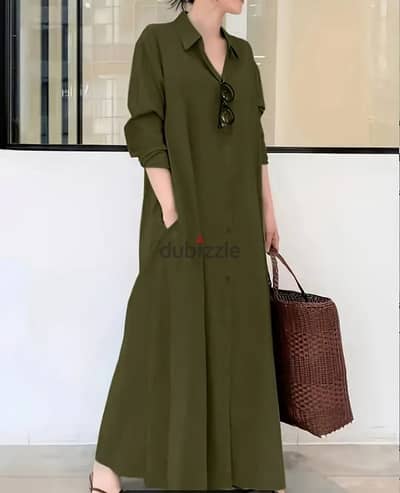 Elegant Solid  Shirt Dress -olive green