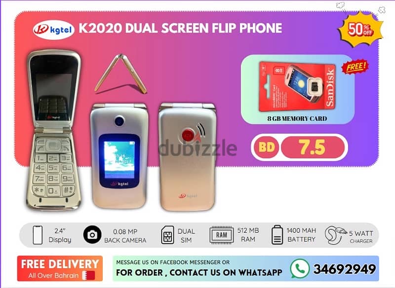 KGTEL K2020 DUAL SCREEN FEATURE PHONE + 8 GB MEMORY CARD 0