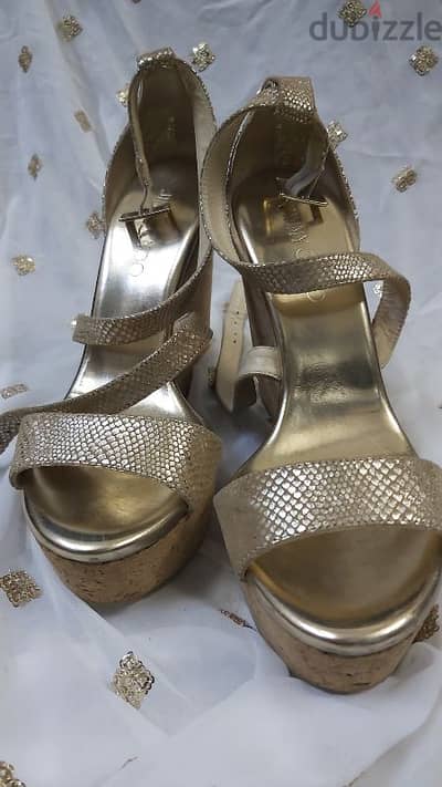 Beautiful Jimmy Choo Metallic Gold Leather Cork Wedge Sandals