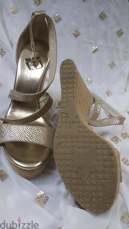 Beautiful Jimmy Choo Metallic Gold Leather Cork Wedge Sandals 1