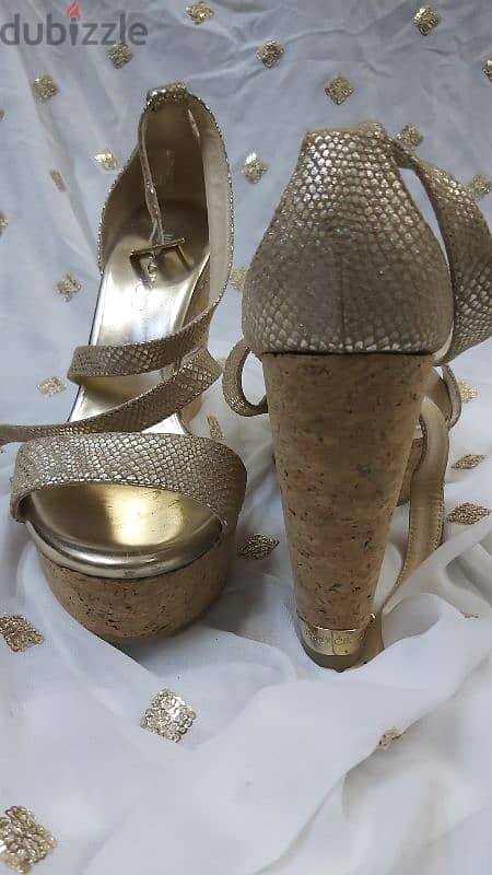 Beautiful Jimmy Choo Metallic Gold Leather Cork Wedge Sandals 2