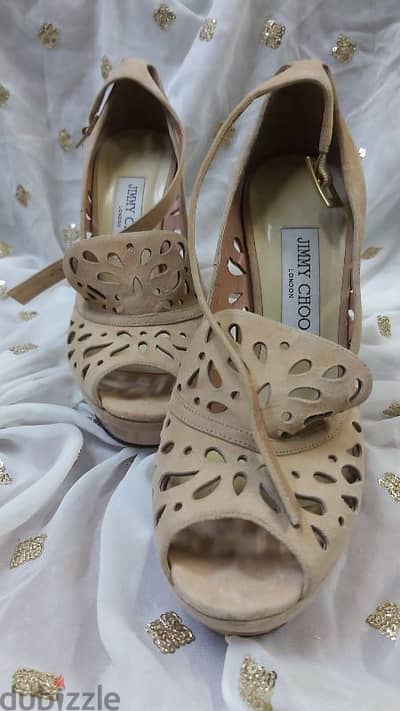 Jimmy Choo “Kalan” nude suede platform pumps.