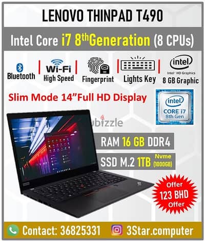 Lenovo 1TB SSD 16GB RAM Core i7 8th Gen Laptop 14"Full HD Fingerprint