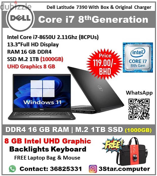 Dell Core i7 8th Gen 2.11Ghz 1TB SSD 16GB RAM 13.3"FHD 8GB UHD Graphic 0